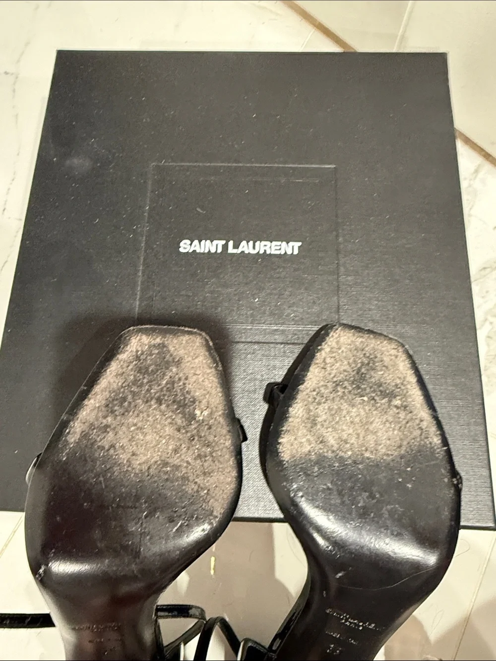 Saint Laurent Black Patent Sandals with Gold YSL Logo Heels - Picture 3 of 5
